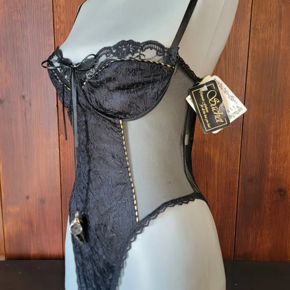 Vintage 90s Sachet Teddy Bodysuit NWT Black Lace Underwire Snap Crotch Whistle M